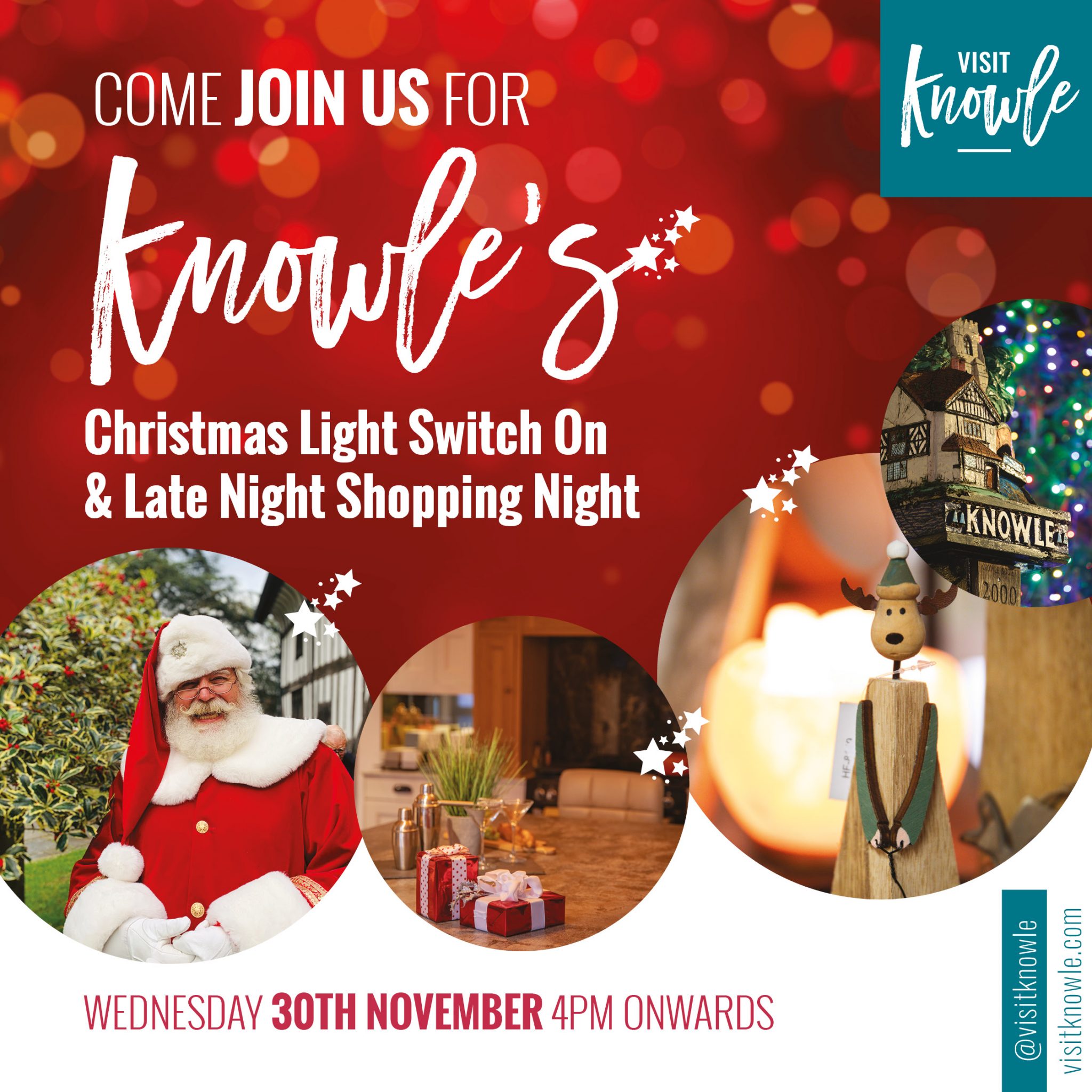 A festive poster with lights on a red background and images of Father Christmas and Christmas gifts with text saying christmas light switch on november 30 2022
