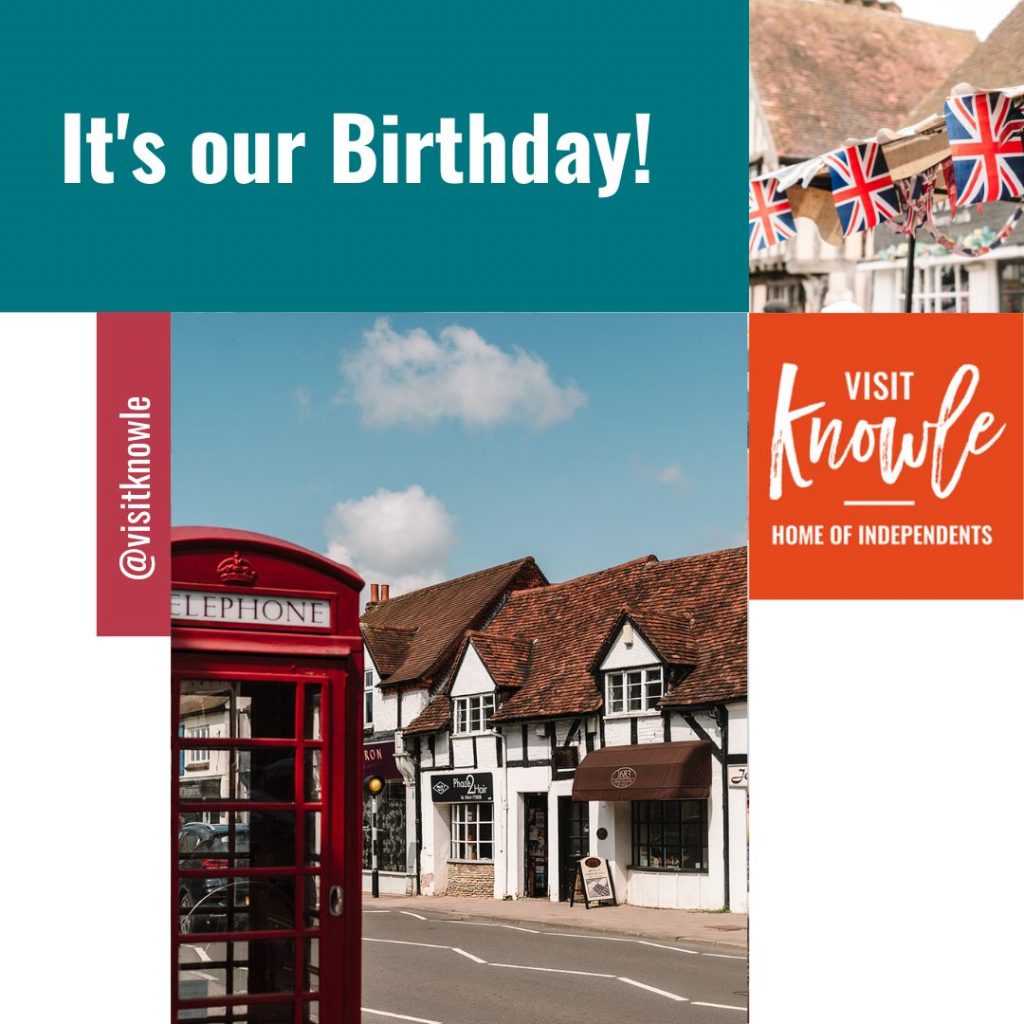 A montage of images showing the red phone box on Knowle High Street with shops in the background, and a smaller second image of bunting by Knowle Library. The caption reads 'it's out birthday'
