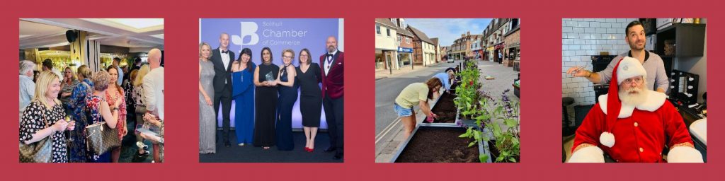 Four images showing people at a Visit Knowle networking event, volunteers planting flowers at a parklet, the visit Knowle team collecting a sales and marketing award and Father Christmas at Soni Milano barbers