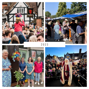 A montage of four pictures featuring a child on an adults shoulders at the Christmas Coronation, a street market, a hanging basket and Father Christmas