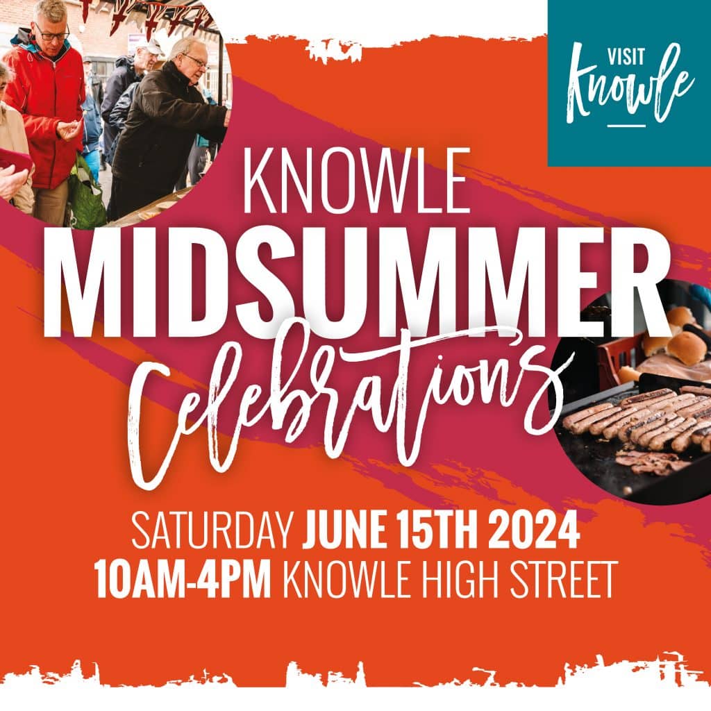 A vibrant poster in orange and pinks with copy saying Knowle Midsummer Celebrations with smaller copy saying Saturday June 15th 2024 10am to 4pm. One small image shows shoppers browsing a market stall while a second image shows sausages and burgers sizzling