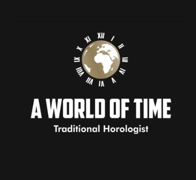 A World of Time logo with white lettering underneath a gold and white globe with roman digitals arranged around the globe like a clock