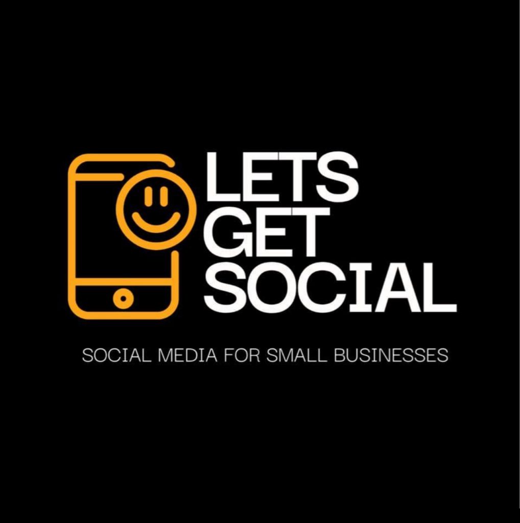 A Logo with the Lets Get Social name in white capital letters next to an icon of a mobile device with a smile face in orange