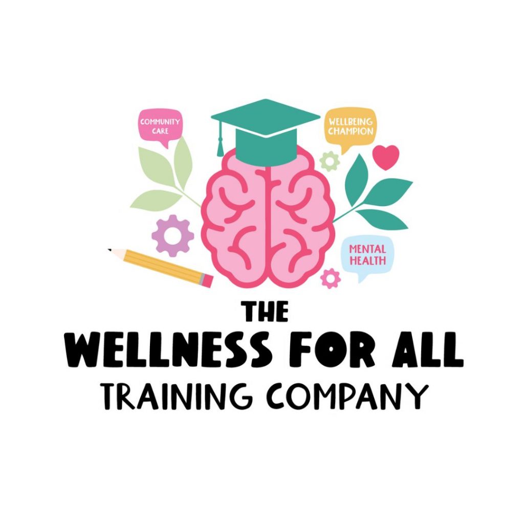 The company logo for the Well for All Training Company featuring a pink brain wearing a graduate hat with cogs, speech bubbles and leaves surrounding the brain