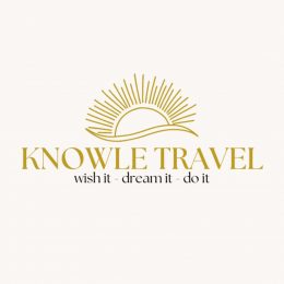 Company logo for Knowle Travel with Knowle Travel in gold capital letters with a golden sun behind and in black lettering wish it, dream it, do it
