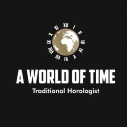 A World of Time logo with white lettering underneath a gold and white globe with roman digitals arranged around the globe like a clock