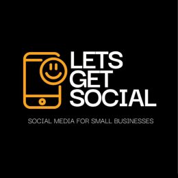 A Logo with the Lets Get Social name in white capital letters next to an icon of a mobile device with a smile face in orange