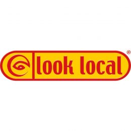 The Look Local Logo with bright yellow lozenge shape with bring read wordking saying look local next to a ref graphic that looks a little like an eye