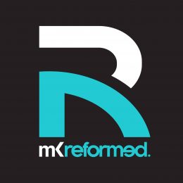 MK Refomed Logo with a capital letter R with the top curve in while and the lower half in blue with MK Reformed written beneath the letter