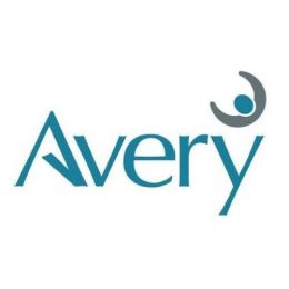 A logo for Birchmere Mews care home Avery Health Care with the word Avery in Blue