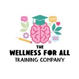 The company logo for the Well for All Training Company featuring a pink brain wearing a graduate hat with cogs, speech bubbles and leaves surrounding the brain