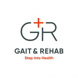 The logo of Gait and Rehab with a G and R in back with a red plus sign in between